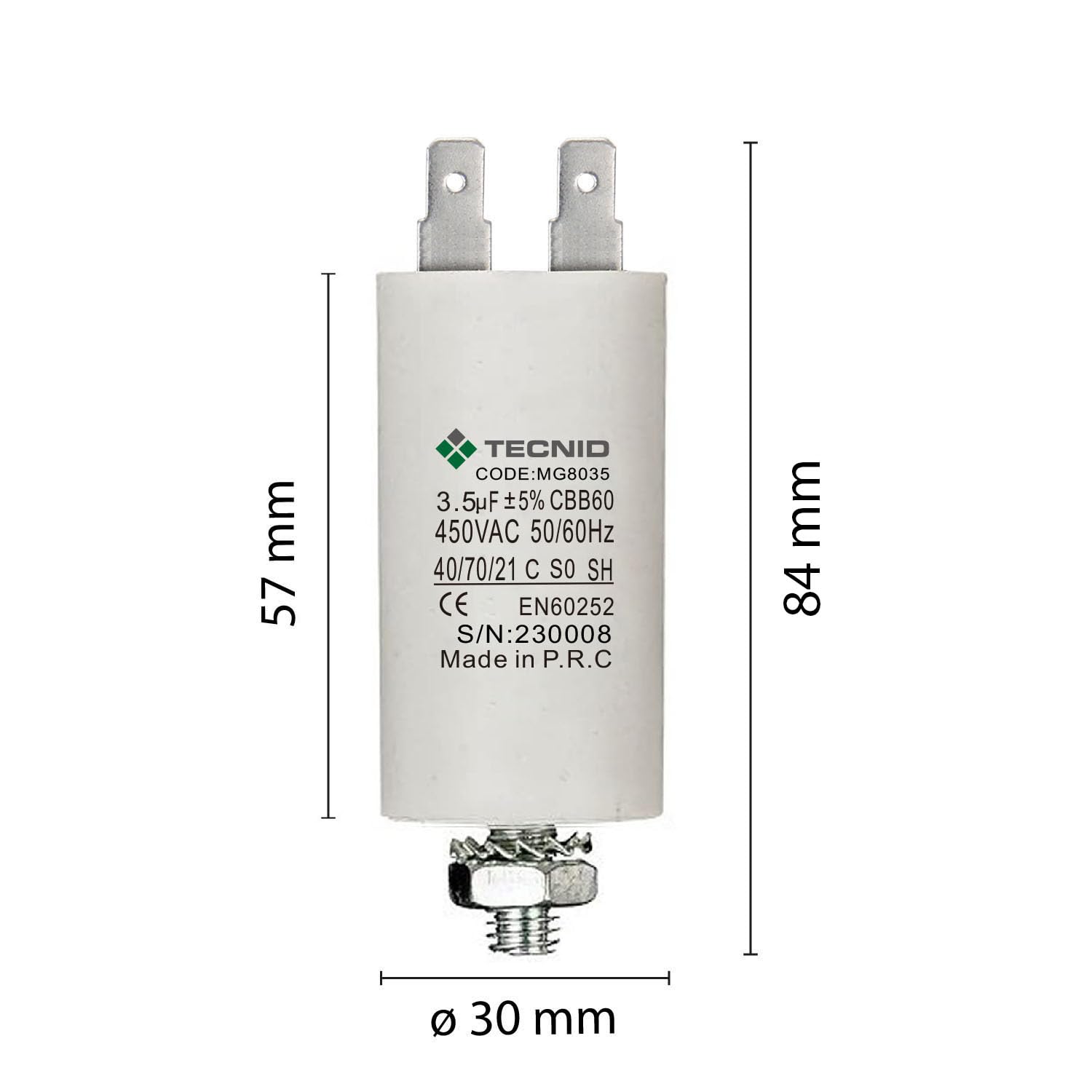 Kondensator rozruchowy do silników elektrycznych, 450V, pojemność: 3,5µF, 4 piny / M8