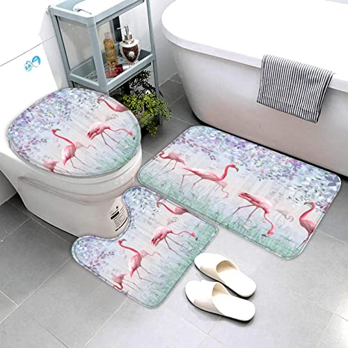 Badematte Türkis Rosa Flamingos Badematten Set rutschfest Waschbar Badgarnitur 3teilig - WC Deckelbezug U-förmigen…