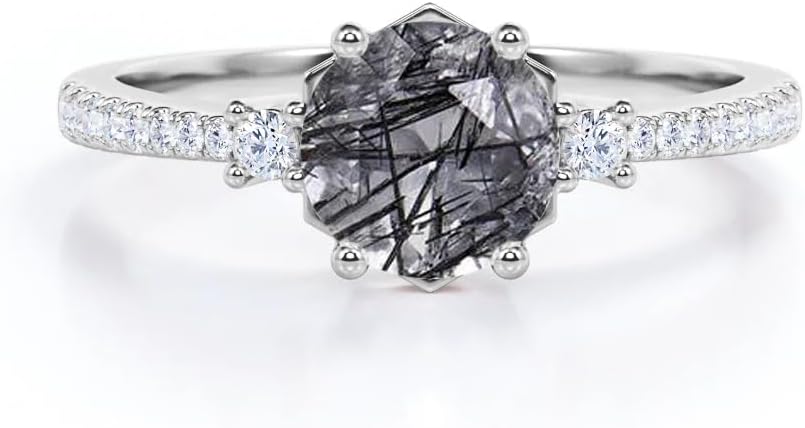 1CT Black Rutilated Quartz Engagement Ring 925 Sterling Silver 10K/14K/18K Gold Rutilated Quartz Wedding Ring for Women with Cubic Zircornia Jewelry Gifts for Valentine's Day Christmas