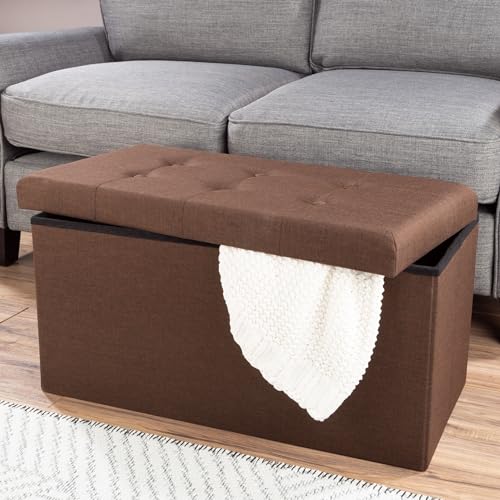 Image of Lavish Home Folding Storage Ottoman - Set of 2 30-Inch Tufted Footrest, Linen Chest, or Bench with Removable Bin for Living Room, Bedroom, or Dorm (Brown)