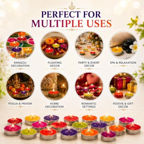Image of Bindian Unscented Tea Light Candles, 100% Paraffin Wax, Smokeless Dripless Tealights for Home Decor, Diwali, Wedding, Spa, 1-1.5 Hour Burn Time (Pack of 200 Multicolor)