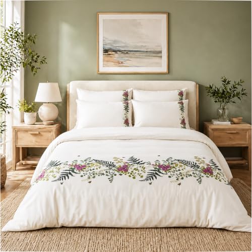 Image of Embroidered Premium Bedsheet Set | 300 TC 100% Cotton 1 Queen Bedsheet Set | Extra Smoothness with Sateen Weave| Autumn Ivory Bedsheet Set (1 Flat Sheet + 2 Pillow Cases)