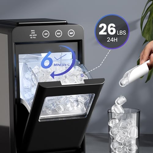 Image of Electactic Ice Makers Countertop,26Lbs /24H,8Pcs in 6Mins,Portable Ice Maker Machine with Self-Cleaning,Interior Lighting,2 Sizes of Bullet Ice for Home /Office /Party(Black)