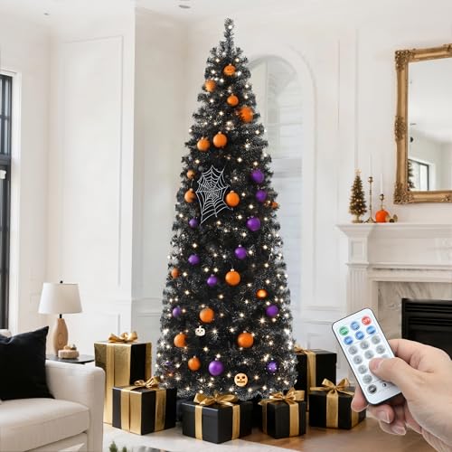 YITAHOME Prelit Black Slim Christmas Tree 6 FT with Remote Control, Prelit Pencil Fraser Fir Halloween Christmas Tree with 700 Branch Tips and 200 Lights for Home, Office, Party Decoration B