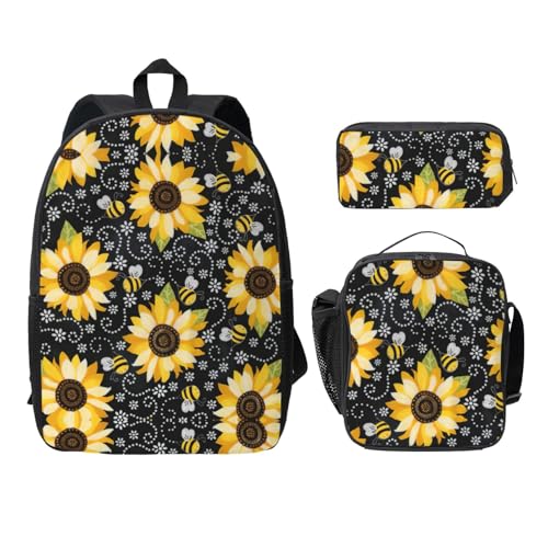 Sac à dos noir léger 3 pièces contre le désordre scolaire avec trousse et lunch box