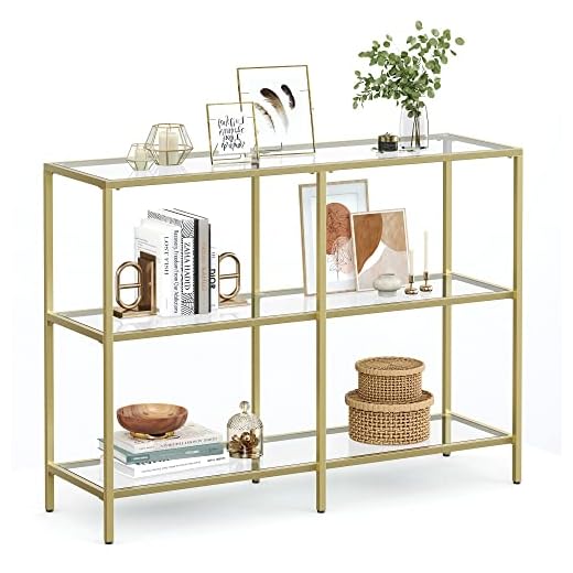 VASAGLE 39.4 Inch Console Sofa Table with 3 Shelves, Metal Frame, Tempered Glass Shelf, Modern Style, for Entryway Living Room Bedroom, Gold Color ULGT27G
