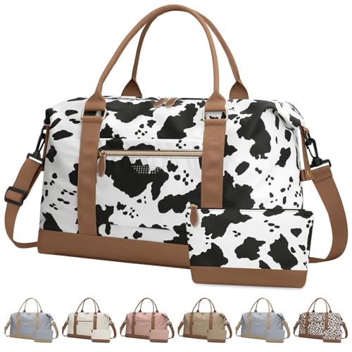 ELONGRIVER Travel Duffle Bag for Women, Weekender Bags, Hospital Bag for Labor Delivery, Lightweight Tote Duffel Overnight Bag with Luggage Sleeve, Airplane Travel Bags with Toiletry Bag, Large, Cow