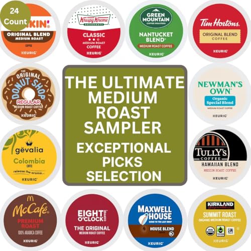 Medium Roast Coffee K-Cups Sampler Variety, Includes Nantucket Blend, Orignal Blend, Eight O'clock Original, Gevalia Colombia, Donut Shop, McCafe Premium Roast, Tim Hortons Original Blend, Tully's Hawaiian, Kirkland Summit Roast And Donut Shop 24 Count