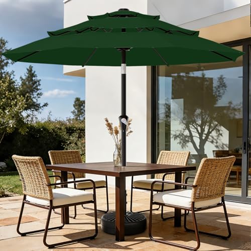 Image of AreShark 9ft 3-Tier Patio Umbrellas, Outdoor Umbrella with 8 Sturdy Ribs UV Protection Windproof, Market Table Umbrella w /Push Button Tilt & Crank for Pool, Porch, Deck, Garden(Dark Green)