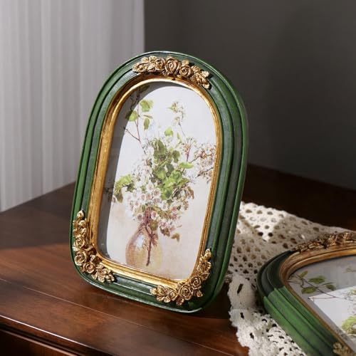 Vintage 4x6 Picture Frame, Green and Gold Arch Frames, Ornate Floral Resin Photo Frame with Glass Front for Tabletop or Wall Display, Antique Decorative Frame for Home Decor or Gift