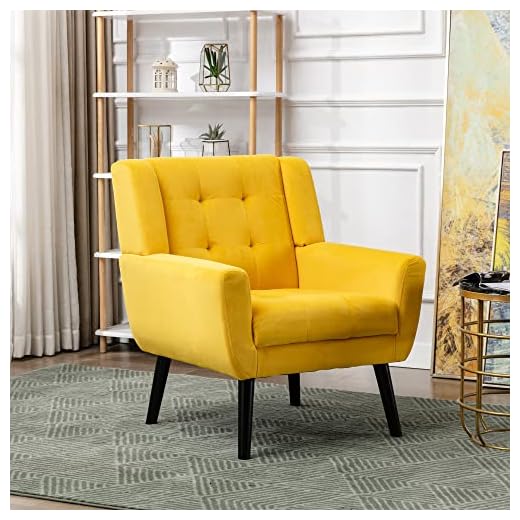 A ALFRESCOOL Accent Chair, Button-Tufted Upholstered Comfy Mid Century Modern Chair, Velvet Fabric Lounge Armchair for Living Room, Bedroom, Office, Yellow
