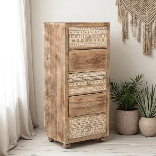 Image of The Attic Jodhpur Tallboy Drawer Chest, Kitchen and Living Room Storage, Solid Wood, Natural Antique + White Matte Finish