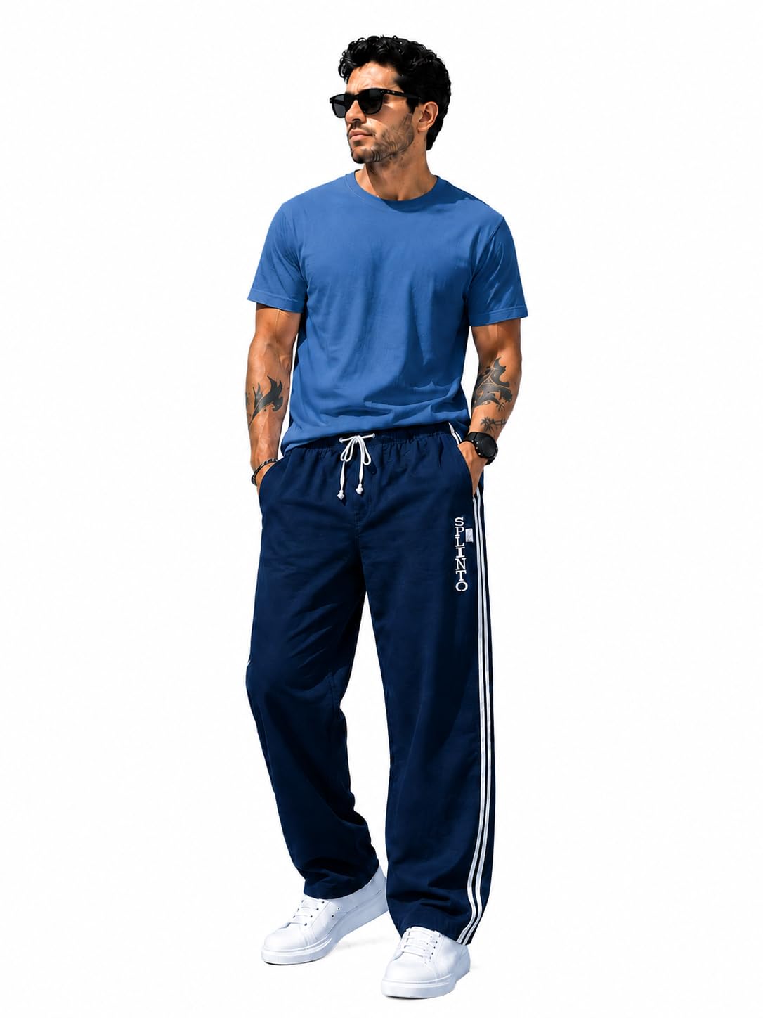 SPLINTO Men's Navy Blue Track Pant Cotton Blend with Side Stripes-image-10