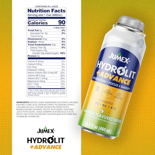 Jumex Hydrolit Advance Electrolyte Drink - Hydration Boost Vitamin Water with Ions, Choline, B3, B6, B12 & Natural Caffeine - Rehydration Sports Drinks - Mango Flavored Water - 15.5oz, 12 Pack