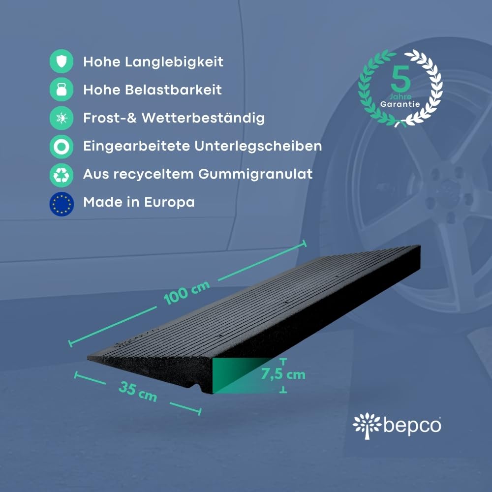 bepco Rampa progowa premium – rampa najazdowa z gumy z recyklingu, z podkładkami na taras, progi drzwi, krawężniki, schody (bez mocowania, 100 x 35 x 7,5 cm)