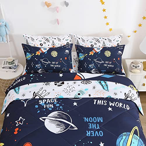 Yasida 7 Piece Kid Comforter Set Full Size, Outer Space Rocket Bedding Set For Teen Boys, Galaxy Bedding Full Set, Universe Planets Theme Super Soft Fade Resistant Microfiber Bedding For All Season #TOP2