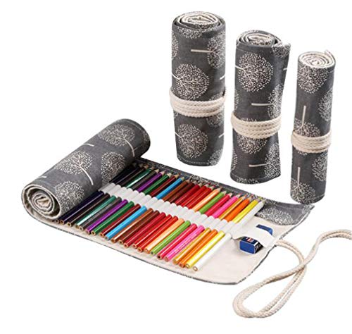 FZBNSRKO Canvas Pencil Wrap,Colored Pencil Roll Up Wrap Travel Drawing Coloring Pencil Holder Organizers with 48 Slots for Student Artist Adult(Black White Tree)