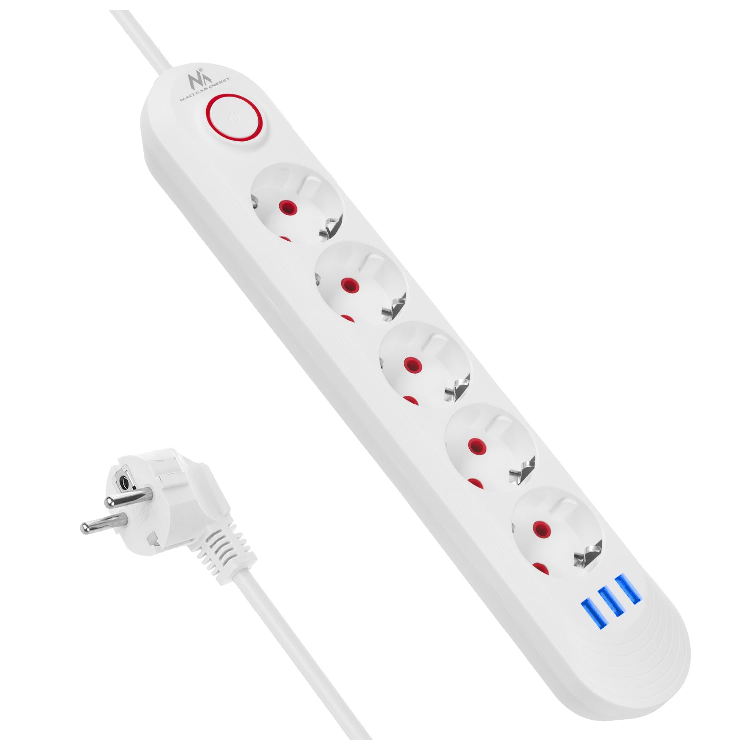 Maclean MCE394/MCE395 Steckdosenleiste | USB 2500W 1,5m | Kompakt mit Schalter, beleuchtete USB-Anschlüsse 45° | Wandmontage (Weiß, 5 Anschlüsse)