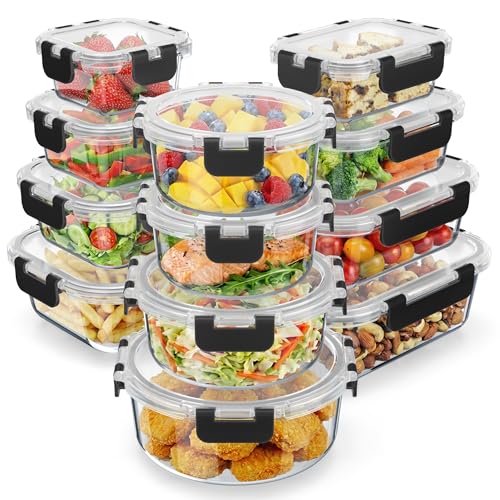 Emporio Kitchen Borosilicate Glass Food Storage Containers with Lids 24 Pieces, BPA-Free Stackable Lunch & Leftover Containers, Microwave, Freezer & Dishwasher Safe, 100% Airtight Leak-Proof, Black