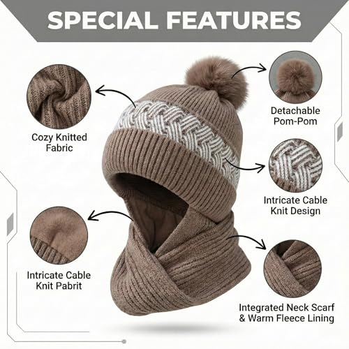 Image of Kraptick Women's Winter Cap and Scarf Set- Thick Fleece Lined Knitted Beanie Hat and Neck Warmer Muffler for Ladies, Stretchable & Soft Woolen Snow Proof for Extreme Cold -6