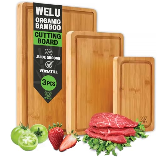 WELU Organic Bamboo Chopping Board - 3 Piece BPA Free Bamboo Cutting Board w/Different Sizes - Reversible Cutting Boards for Kitchen with Deep Juice Grooves Serving Board Set with Easy Grip Handle