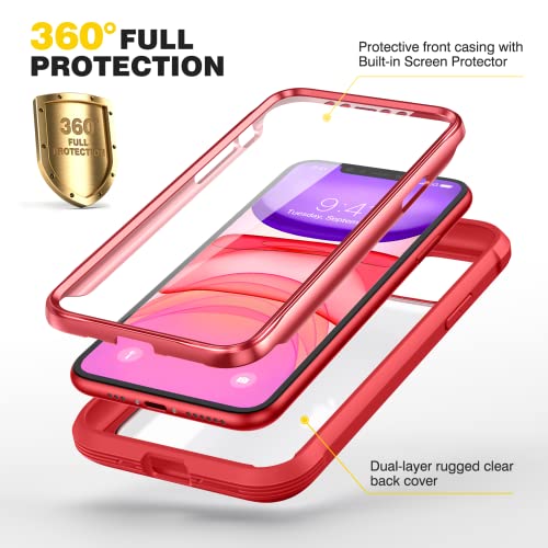 Diaclara Compatible with iPhone 11 Case, Full Body Rugged with Built-in Touch Sensitive Anti-Scratch Screen Protector, Soft TPU Bumper Case Clear Compatible with iPhone 11 6.1" (Red and Clear) - 3