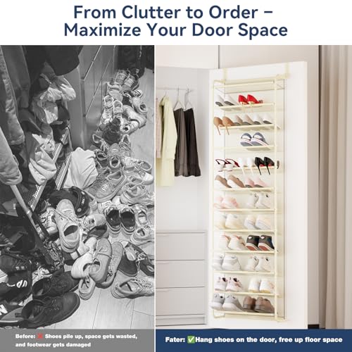 Image of Whitmor 36 Pair Over The Door Shoe Organizer, 12 Tier Hanging Shoe Organizer, Heavy Duty Metal & Mesh Shoe Holder, Hanging Shoe Rack for Closet Organizer & Storage, 74 inchH x 21.7 inchW x 7.5 inchD, Beige
