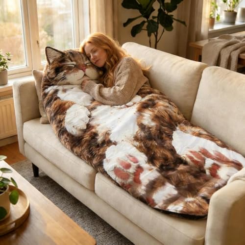 Fluffy Cat Sleeping Bag for Adults Large Animal Shaped Plush Envelope Sleepover Bag for Human 68.9 Cozy Warm Blanket for Camping Couch Home Lounging Machine Washable (Multi-B)