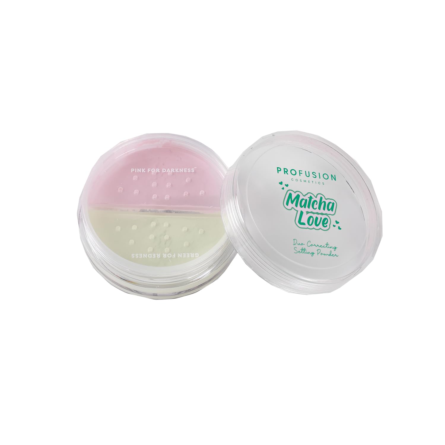 Profusion Cosmetics Matcha Love Duo Correcting Setting Powder with Kabuki Brush, Green and Pink Shades for Redness Elimination and Radiance