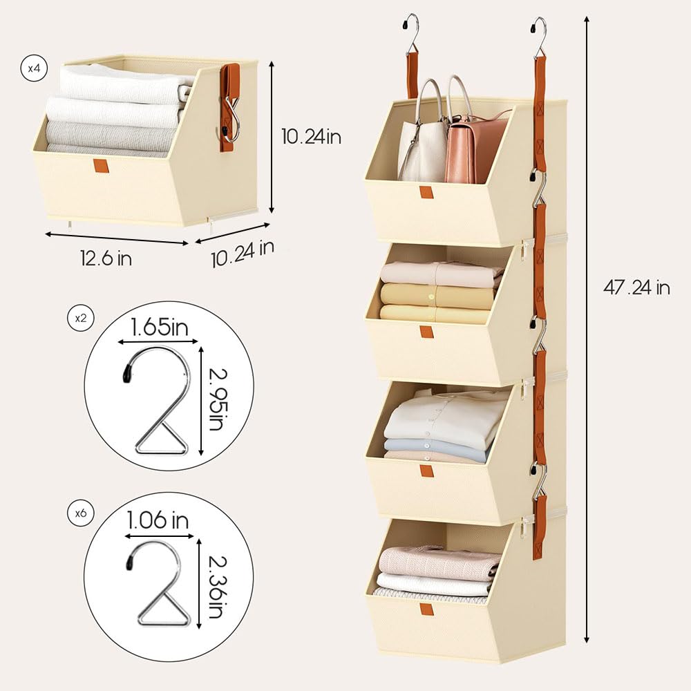 Organizador de Armario Colgante de 4 Niveles, Beige, Sistema de Almacenamiento Modular con 8 Ganchos, Estantería de Tela para Ropa y Accesorios, 26x31x120cm (Beige)