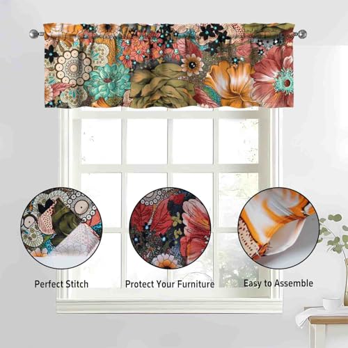 Image of Boho Kitchen Curtains 3 Piece Set Tier Valance Window Decor | 3 Piece Kitchen Curtain Set Includes 54x18in Valance and Two 27.5x36in Tier Curtains for Kitchen, Bedroom and Living Room