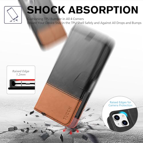Image of TUCCH Wallet Case for iPhone 13 (6.1 inch) 2021, 3 Card Slots, Black & Brown | RFID Blocking, Viewing Stand, Shockproof TPU Shell, PU Leather, Magnetic Closure, Protective Folio Flip Cover
