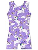 TENVDA Gymnastics Leotards or Girls Biketards Size 5-6 Years Old Sparkle Purple Unicorn Print Workout Unitards