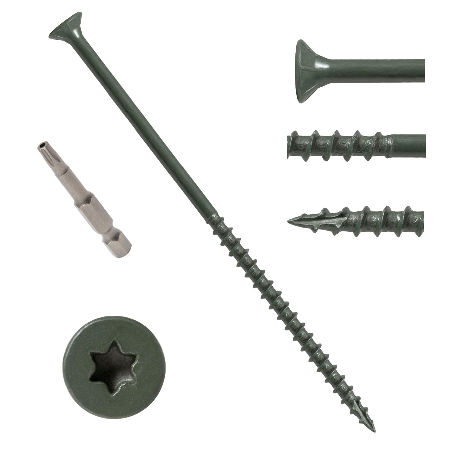 LIONMAX Deck Screws 5 Inch, Wood Screws #10 x 5, 50 PCS, Rust Resistant, Exterior Epoxy Coated, Outdoor Decking Screws, Torx/Star Drive Head Screw, T25 Star Bit Included, Green