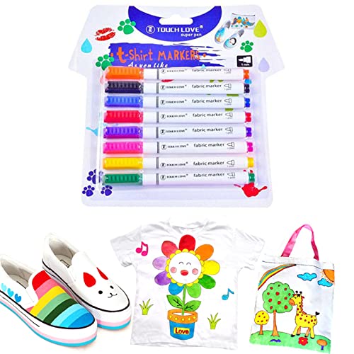 Marqueurs Textile et Tissu, Marqueurs Textiles pour Enfants, 8 Marqueur Tissu Feutre Indelebile Textile Non-Toxique, pour Vêtements Textile Décorer des T Shirt, Sac Tissu, Chaussures et Divers Tissus