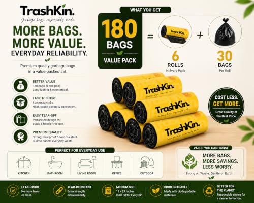 Image of Garbage Bags Medium 19x21 Inches, 180 Count, Black, 6 Rolls