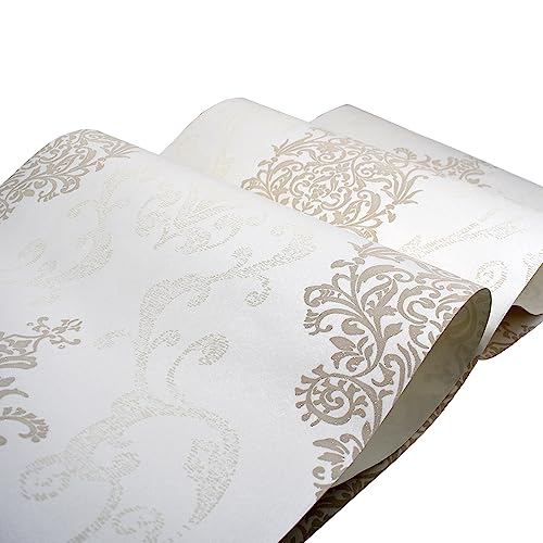 KeTian Luxus 3D Damast-Perlen-Puder Vliestapete im europäischen Stil als Rolle fürs Wohnzimmer, Schlafzimmer oder Hotel, cremefarben, 0.53m (1.73' W) x 10m(32.8'L)=5.3m2 (57 sq.ft)