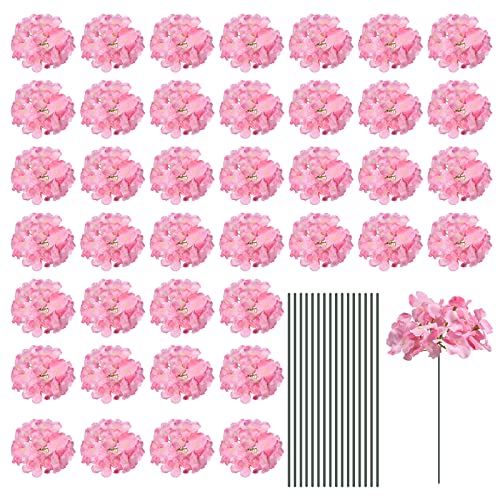 MECCANIXITY Silk Artificial Hydrangea Flowers Pink Artificial Flowers Heads with Stems Full Hydrangea Flowers for Wedding Centerpieces Party Decoration 30 Set