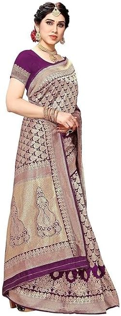 Women's Art Silk Saree with Blouse Material, Navy, Banarasi Kanjivaram Style, Floral and Paisley Zari Woven, Wedding Occasion, Free Size