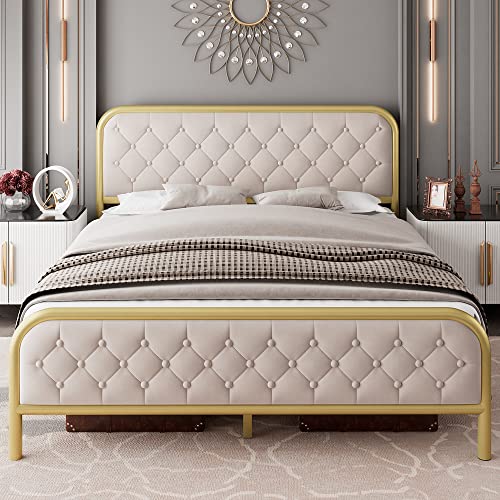 Ipormis Queen Metal Platform Bed Frame, Vintage Upholstered Bed Frame With Button Tufted Headboard & Footboard, Heavy Duty Steel Slats, 12" Underbed Space, Easy Assembly, Noise Free,Gold And Beige #TOP2