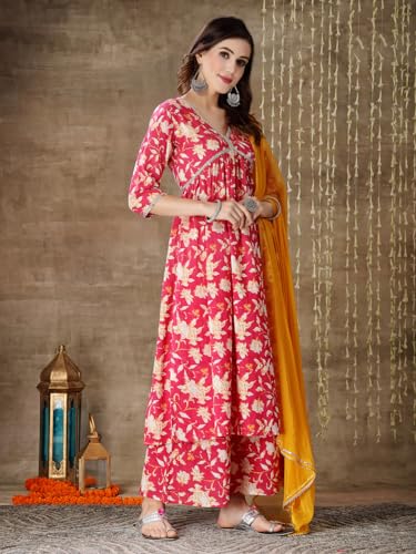 Image of Stylum Women's Floral Printed Cotton Pleated Kurta Palazzo Dupatta Set