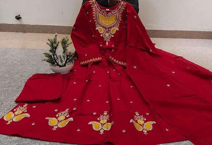 Image of The Innerlight Company Women's Cotton Embroidered Anarkali Salwar Suit Set with Dupatta Set (Maroon-XXL)