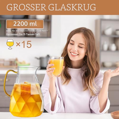 Yirilan Glaskaraffe 2,2 L, Wasserkrug mit Deckel, Borosilikatglas karaffe – Ansicht 6