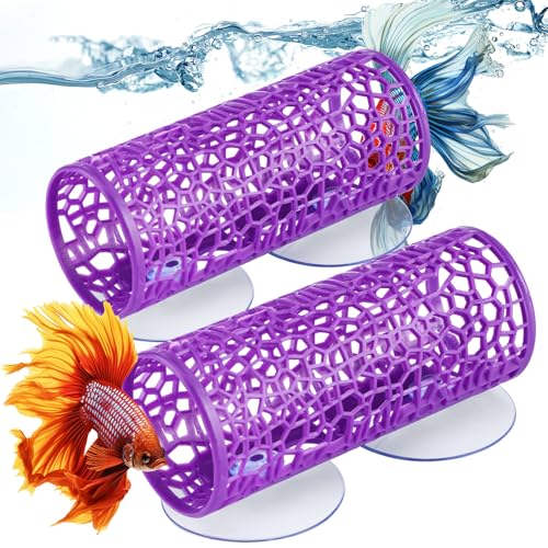Image of Honeydak 2 Pcs Betta Fish Tank Accessories Betta Tunnel Fish Toys Safe Hollow Hammock Cave Aquarium Decor with Suction Cups for Small Shrimp Reptile Guppies(Purple,Hideout Tube)