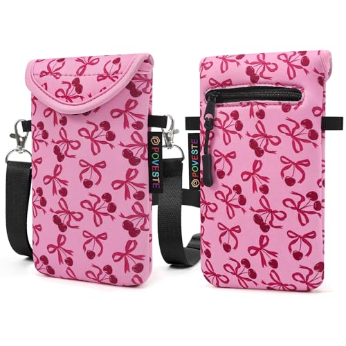 Image of POVESTE Neoprene Cell Phone Sleeve Pouch Case Bag with Crossbody Strap Lanyard for Women, Flap Closure Secure Cell Phone Bag with Pocket for Cards, Cash. (Bow&Cherry)