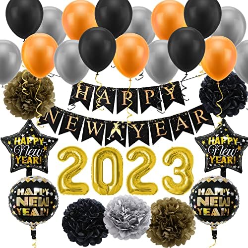 2023 New Year's Eve Party Supplies, Jsdoin 63PCs 2023 New Year Party Decorations Kit, Happy New Year Banner, Paper Pom Pom and Latex Balloons for Kids Adults New Year Party Favors