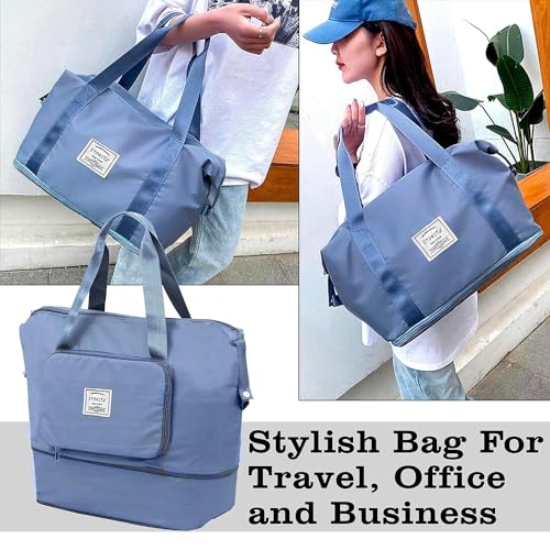 Image of Storite Nylon Imported Foldable Travel Duffle Bag for Women, Expandable Lightweight Waterproof Carry Weekender Overnight Luggage Bag (Style1, LBlue)