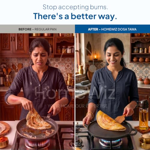 Image of HomeWiz Cast Iron Non Stick Dosa Tawa 30 cm | Free Oil Dispenser 500ml | Pre-Seasoned Cast Iron Tawa for Roti & Dosa | Big Size Cast Iron Dosa Tawa | Lifetime Usage | Works on Induction & Gas Stove