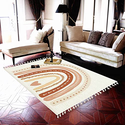 Image of Scandinavian Boho Rainbow Print Nursery Rug Neutral Area Rug 4x6 Minimalist Kids Playroom Rugs Neutral Rugs Home Decor for Living Room, Bedroom, Patio, Indoor Outdoor