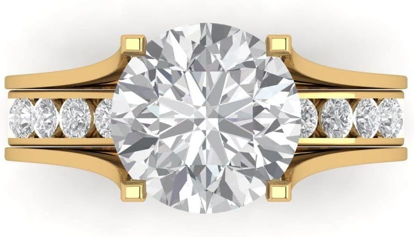 3.39 ct Round Cut Clear Simulated Diamond 14k Yellow Gold Solitaire W/Accents Wedding Engagement Bridal Ring Band Set